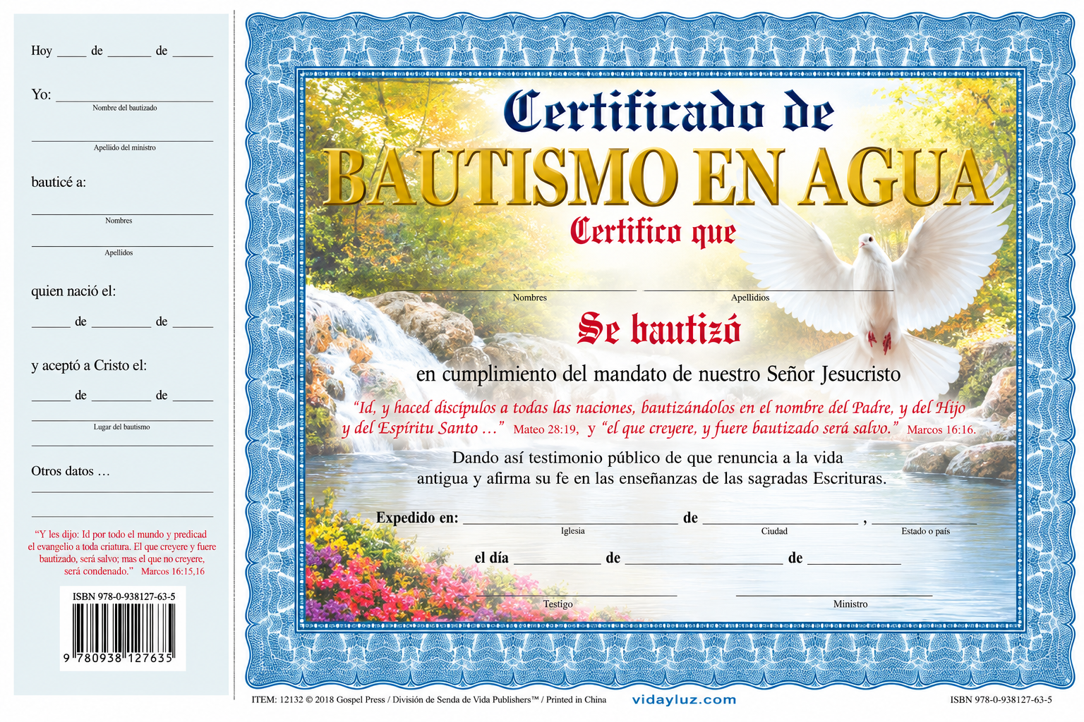 Certificado de Bautismo en Agua, paquete de 15 certificados, cascada
