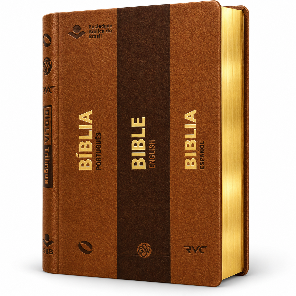 Biblia Trilingue Español, Inglés y Portugués – RVC Imitacion Piel Marron duo Tone