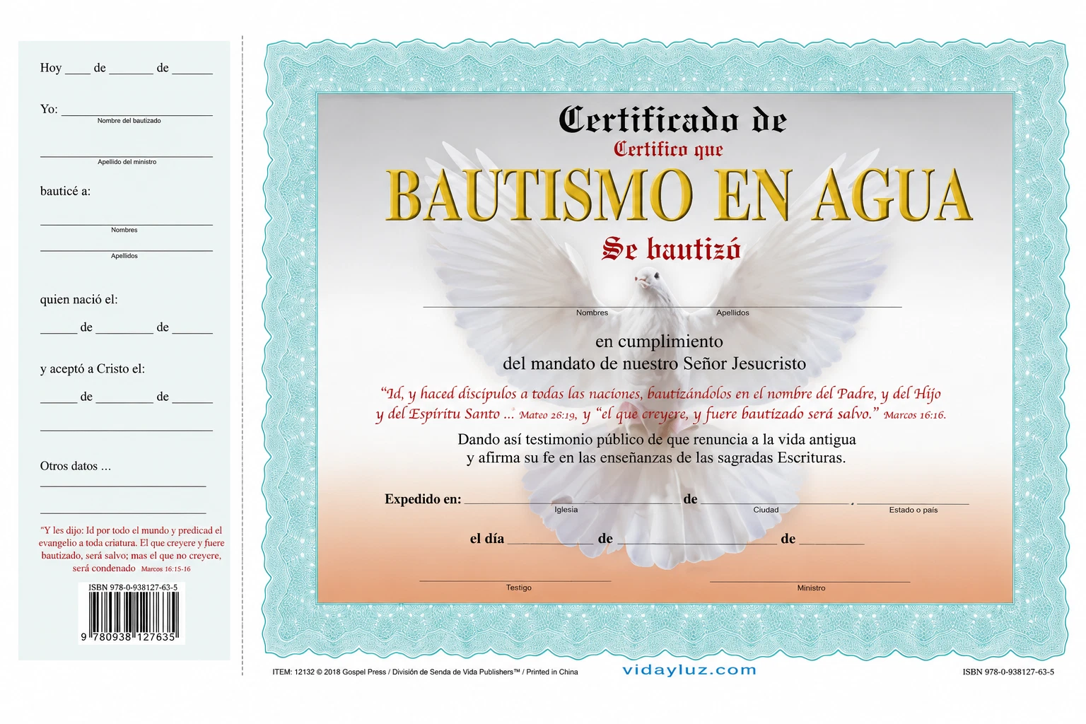 Certificado de Bautismo en Agua, Paquete de 15 certificados, azul oscuro