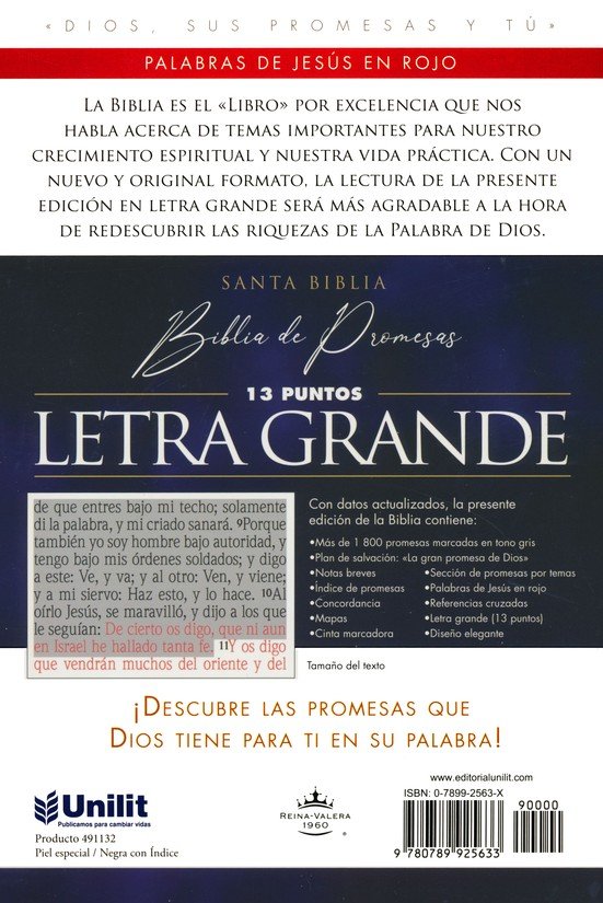 Santa Biblia de Promesas Reina Valera 1960 Letra Gigante Negra Indice Tapa Blanda - Imagen 10