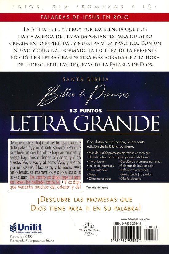 Santa Biblia de Promesas Reina Valera 1960 Letra Gigante Turquesa Indice Tapa Blanda - Imagen 10