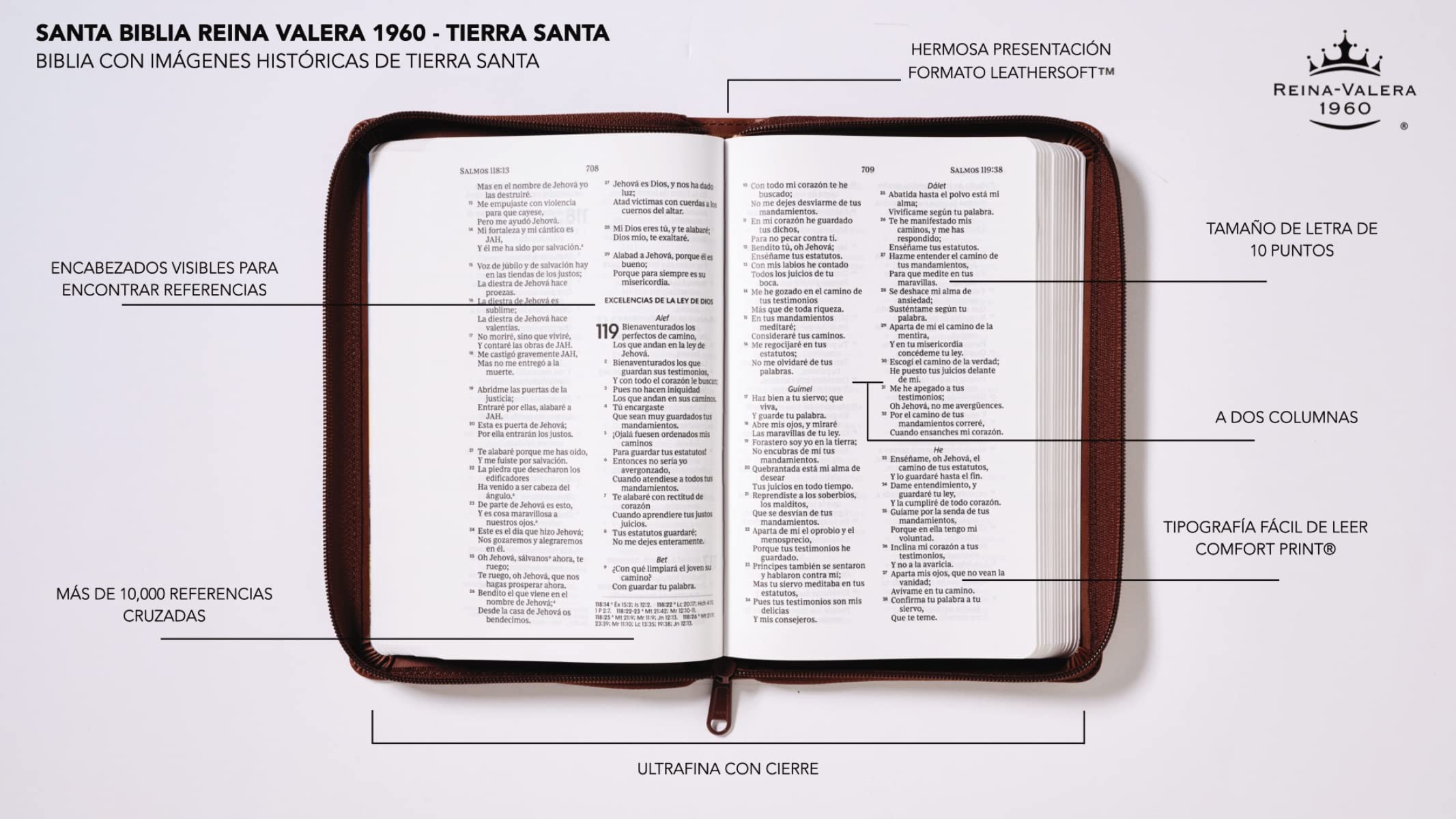 Biblia Reina Valera 1960, Tierra Santa, Ultrafina Letra Grande, Imitación Piel Café, Con Cierre - Imagen 5
