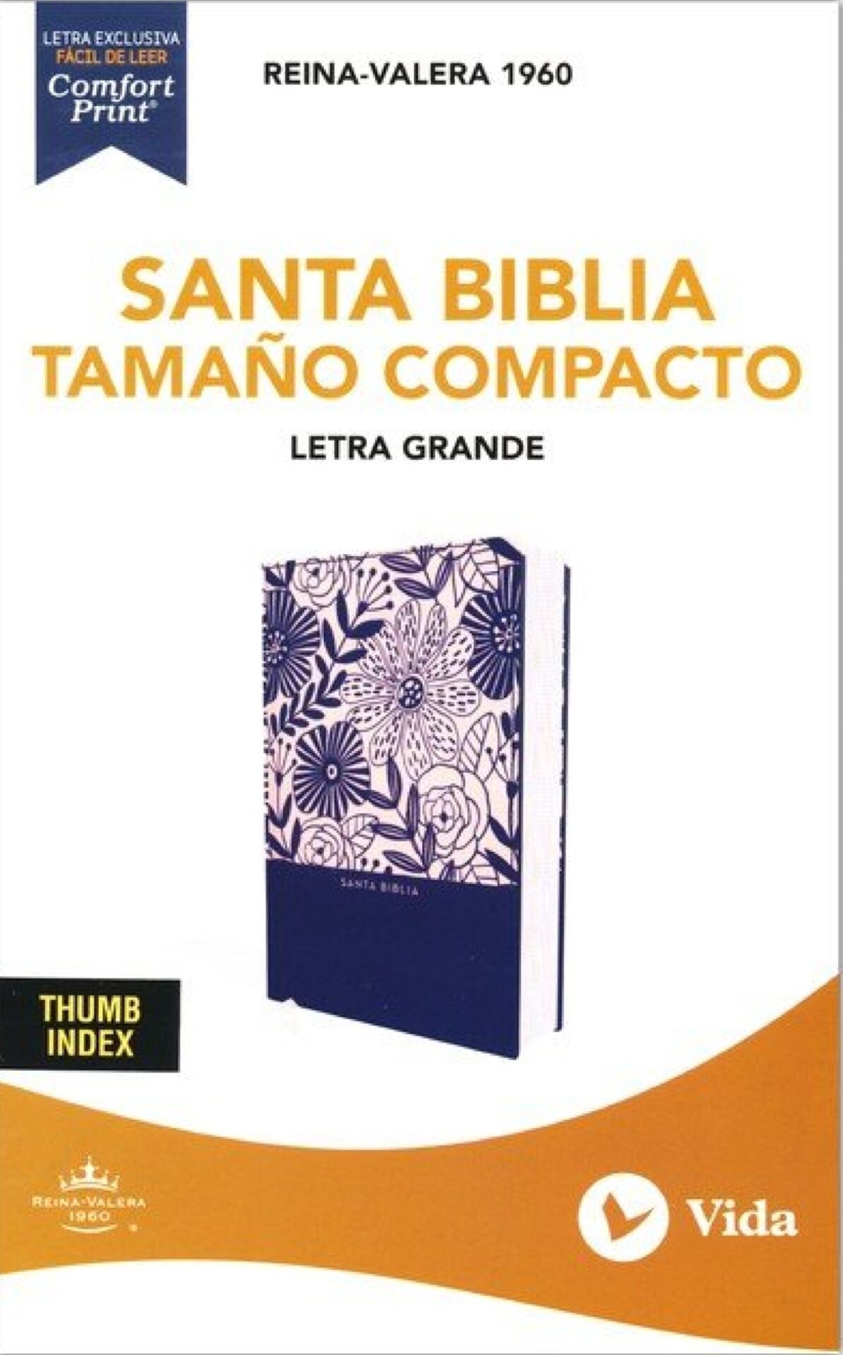 RVR60 Santa Biblia, Letra Grande, Tamaño Compacto, Tapa Dura, Tela Azul Floral, Edición Letra Roja Con Índice