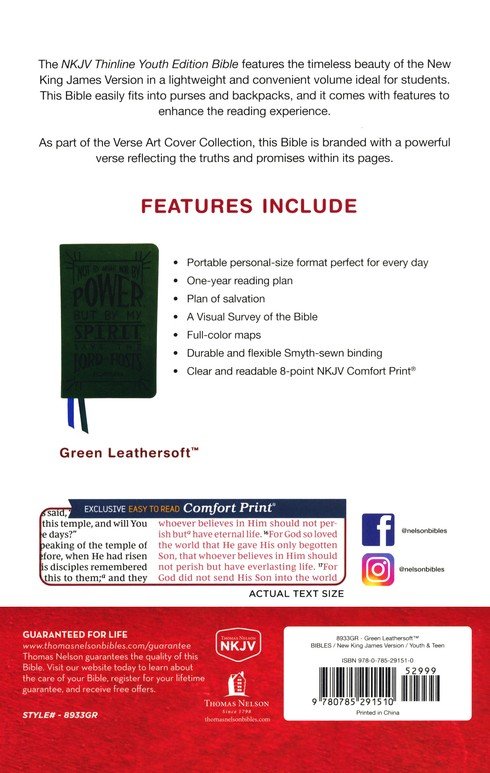 NKJV, Thinline Youth Edition Bible, Verse Art Cover Collection, Leathersoft, Green, Red Letter, Comfort Print - Imagen 16