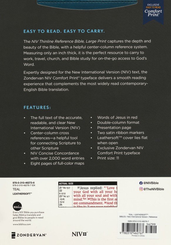 NIV, Thinline Reference Bible (Your Portable Reference Bible), Large Print, Leathersoft, Teal, Red Letter, Thumb Indexed, Comfort Print - Imagen 10