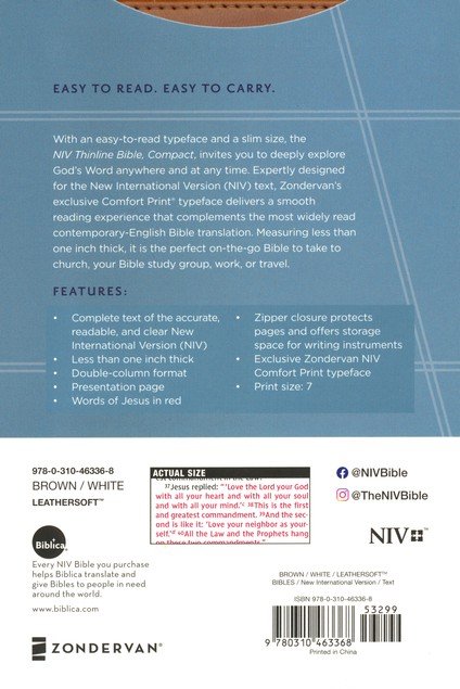 NIV, Thinline Bible, Compact, Leathersoft, Brown/White, Zippered, Red Letter, Comfort Print - Imagen 11