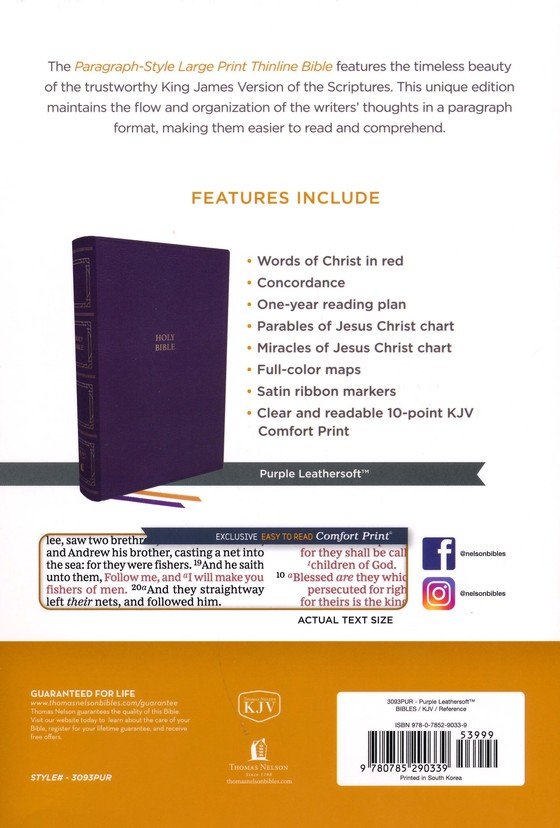 KJV, Paragraph-style Large Print Thinline Bible, Leathersoft, Purple, Red Letter, Comfort Print - Imagen 10