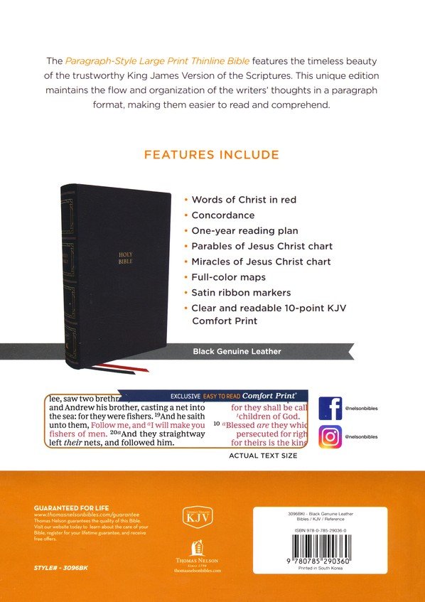 KJV, Paragraph-style Large Print Thinline Bible, Genuine Leather, Black, Red Letter, Thumb Indexed, Comfort Print : Holy Bible, King James Version - Imagen 10