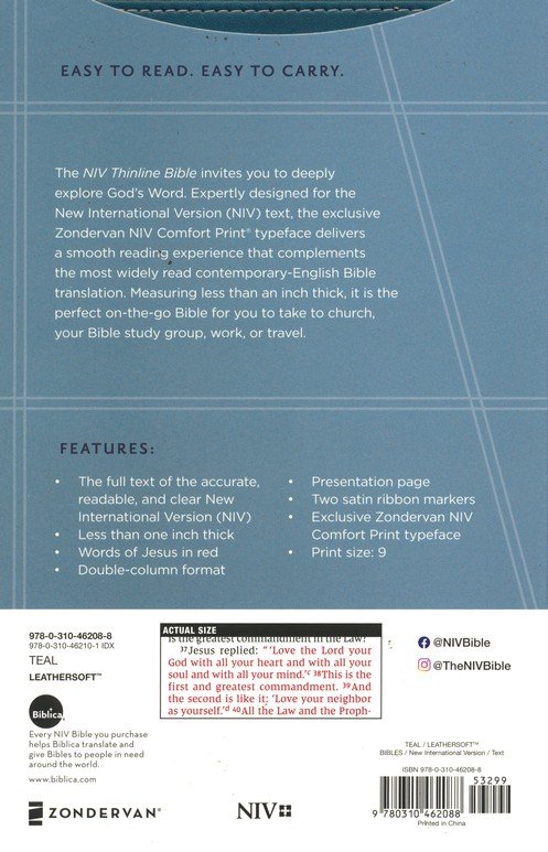 NIV, Thinline Bible, Leathersoft, Teal, Red Letter, Comfort Print - Imagen 10